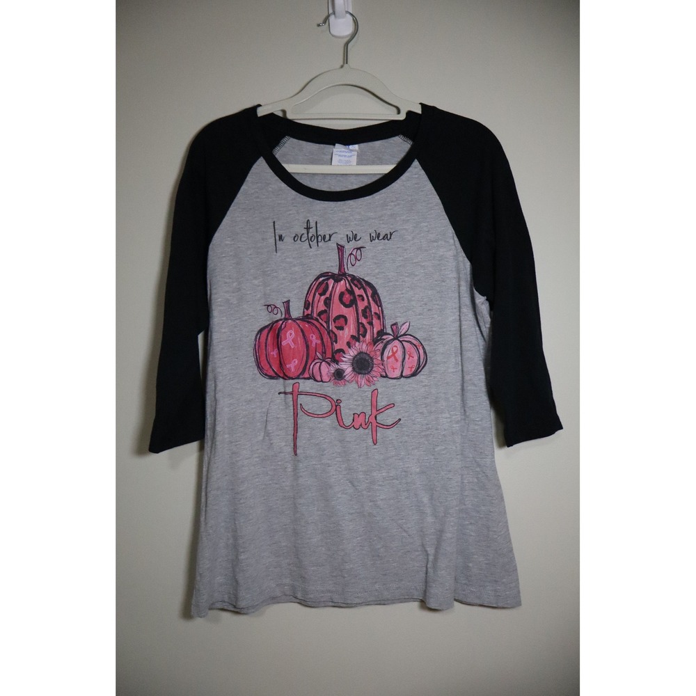 Breast Cancer Awareness Port & Company Raglan Tee S Gray Pink Pumpkin Graphic